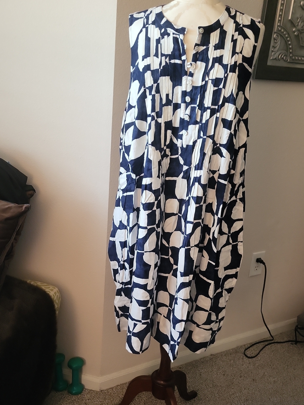 Sonoma Navy and White Printed A-Line Dress